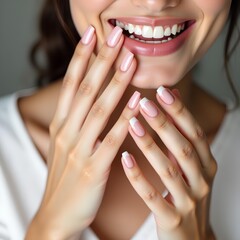 French shellac manicure on a beautiful woman's nails. Hand care, cosmetics, and beauty.