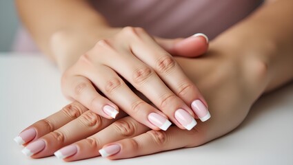 Beautiful woman showcasing a French shellac manicure. Hand care, cosmetics, beauty, and makeup.