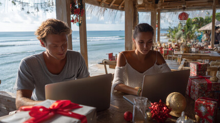 Christmas digital nomads working on laptops at beachside cafe with festive decorations and ocean view creating joyful holiday atmosphere