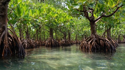 Lush Mangrove Forest with Exposed Roots and Clear Water Reflecting Sunlight in a Tropical Setting