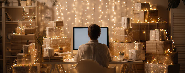 Christmas digital nomads work remotely surrounded by festive gift boxes and warm fairy lights creating cozy holiday atmosphere