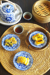Chinese pastry dessert (Fresh milk mooncakes) with tea, Chinese culture sweet