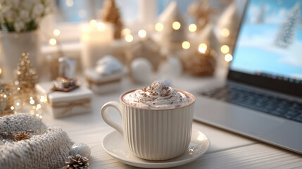 Christmas digital nomads enjoy cozy moments with hot chocolate near laptop surrounded by festive lights and holiday decorations creating warmth