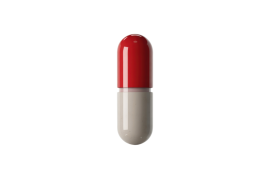 A single capsule, half red and half light grey, stands vertically against a solid dark transparent background, signifying medicine or supplementation. background removed - Powered by Adobe
