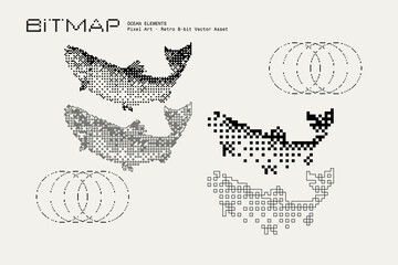Bitmap Vector Ocean Elements, Salmon Fish Pixel Art, Retro 8-Bit Minimal Abstract Illustration, Textured Graphic Design Assets