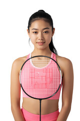 Badminton player portrait holding racket professional athlete female sport on transparent background