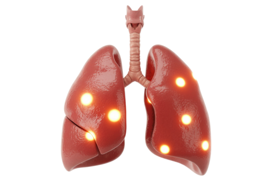 3D rendering of human lungs with glowing yellow spots, illustrating lung disease, infection, or inflammation. A medical concept for respiratory health issues. background removed