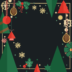 Vector Christmas template card with flat design featuring simple shapes and bold lines, set against a clean white background, incorporating vibrant colors 