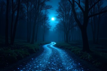 Fototapeta premium Bioluminescent forest path glowing under moonlight.
