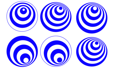 Six blue concentric circles arranged creating an optical art on transparent background