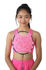 Badminton player woman holding racket sports fitness training exercise pink on transparent background