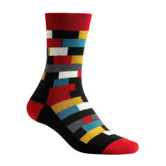 A sock with a striking geometric pattern in bright colors is resting on a clean white background, showcasing its design