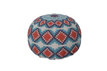 Obraz premium Vibrantly patterned spherical textile pouf featuring intricate geometric designs in red-orange, blue, and white against a solid background. background removed