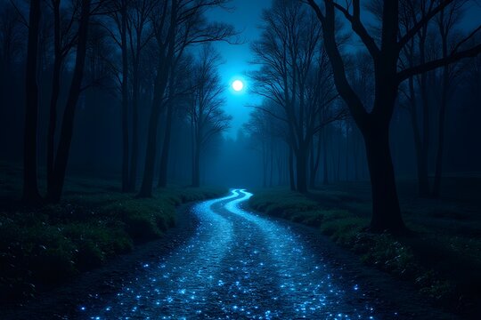 Bioluminescent forest path glowing under moonlight.