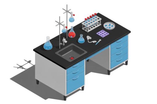 An isometric illustration of a chemistry laboratory workbench featuring various glassware, test tubes, and a sink, set up for scientific experiments. background removed - Powered by Adobe