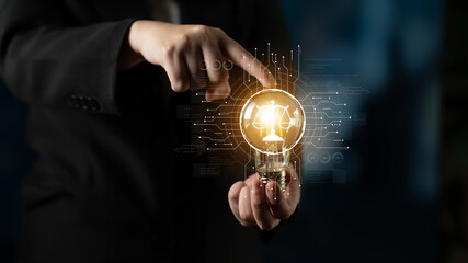 Futuristic digital law interface displaying justice scale, highlighting digital law, AI compliance,...