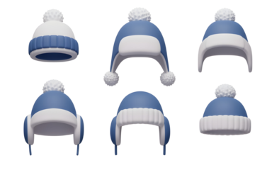 Collection of six blue and white winter beanies with pom poms and ear flaps