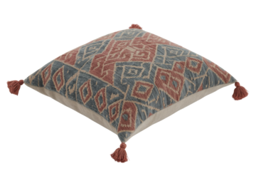 A stylish square throw pillow with a traditional geometric pattern in muted blue-grey and terracotta, accented with decorative tassels on each corner. background removed