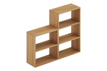 Modular wooden shelving unit with multiple open compartments, offering versatile storage and display, on a transparent background. background removed
