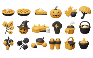Collection of halloween themed food and decorations on a black background