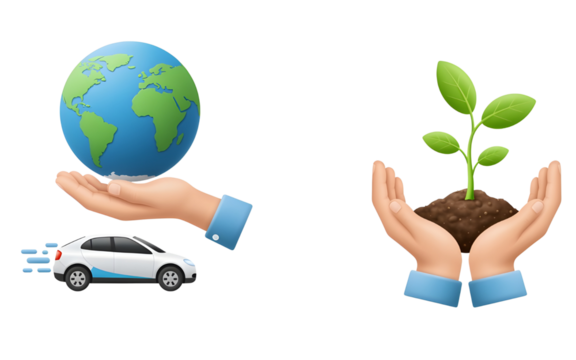 Hands holding earth and plant with electric car symbolizing eco friendly transportation
