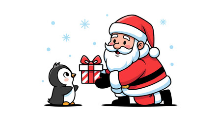 Jolly Santa Claus joyfully presents a festive gift box to an adorable little penguin, celebrating the heartwarming spirit of Christmas and winter holidays with a whimsical illustration