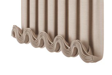 A stylish light beige Roman blind features elegant vertical folds and a distinctive wavy, layered bottom edge, offering a sophisticated window treatment. background removed