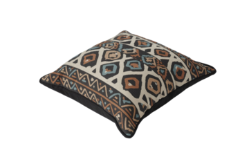 A stylish square throw pillow featuring a cream base with intricate brown, blue, and black geometric tribal patterns and a distinct border. background removed