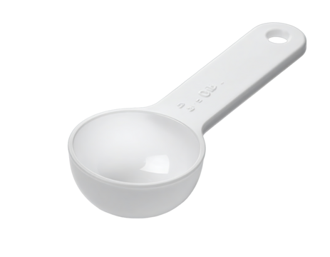 White plastic measuring spoon, rounded bowl and handle