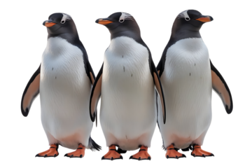 Three Gentoo Penguins, Standing Side by Side with Orange Beaks and Feet, cutout, PNG isolated on white or transparent background