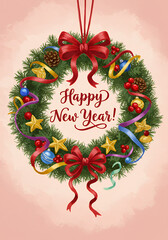 Christmas wreath decorated with colorful ornaments and bow