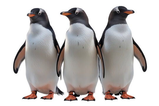 Three Gentoo Penguins, Standing Side by Side with Orange Beaks and Feet, cutout, PNG isolated on white or transparent background