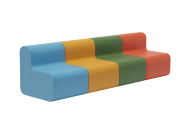 A modern, modular, multi-colored public seating bench featuring rounded, smooth segments in blue, yellow, green, and red, perfect for vibrant contemporary spaces. background removed