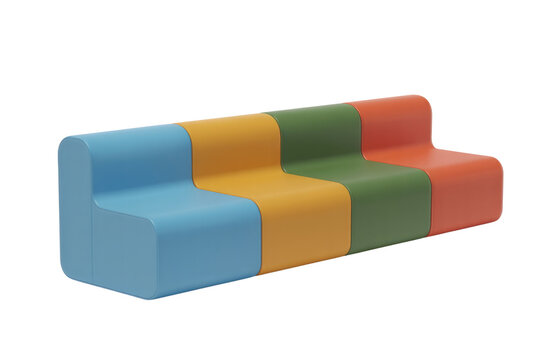 A modern, modular, multi-colored public seating bench featuring rounded, smooth segments in blue, yellow, green, and red, perfect for vibrant contemporary spaces. background removed - Powered by Adobe