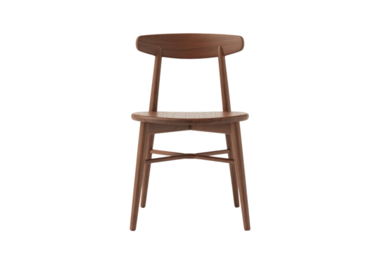 A minimalist dark wooden dining chair with a curved backrest and seat, featuring tapered legs and an elegant design. background removed