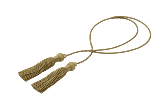 Elegant golden decorative cord featuring two ornate tassels, commonly used for academic regalia, drapery, or as a sophisticated ornamental embellishment. background removed
