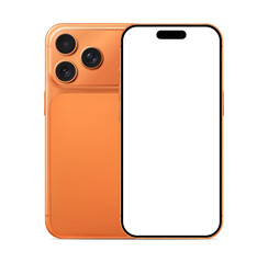 Orange Smartphone with Three Lenses and Blank White Screen on White Background