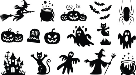 Halloween silhouette collection with witch, pumpkins, ghosts, bats, spider, black cat, haunted house, spooky vector design for holiday decoration