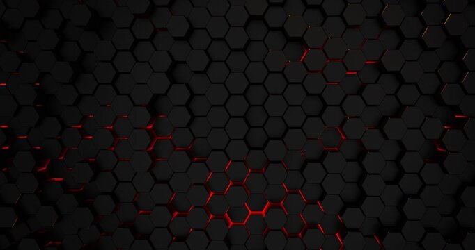 Dynamic hexagonal patterns shift and glow in bold red and black colors