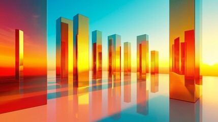 Serene atmosphere reflected in the pillars against the sunset sky.