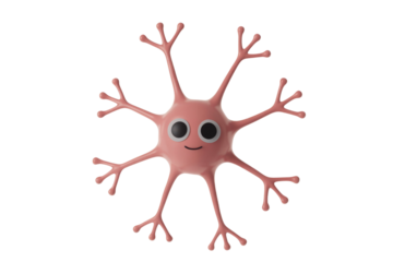 A charming, stylized pink neuron character with large eyes and a smile, playfully representing brain cell activity and neural connection in 3D. background removed