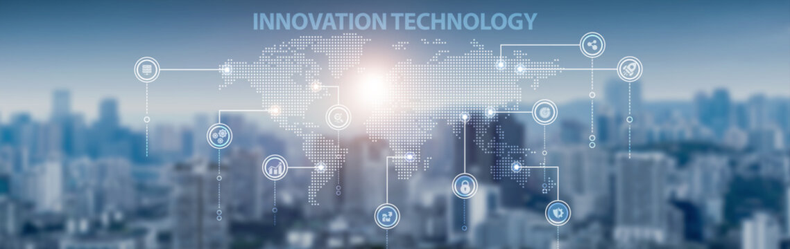 Innovation technology and global network connection, digital transformation, product development, creative solutions, research analytics, and business advancement. - Powered by Adobe