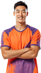 Stock photo of smiling asian man with arms crossed wearing athletic shirt on transparent background