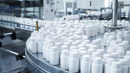 White Plastic Pill Bottles Moving on Rotary Conveyor at Pharmaceutical Production Plant. Medication...