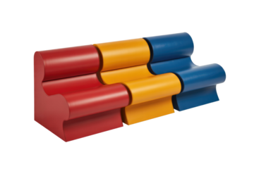 A modern, modular bench featuring undulating red, yellow, and blue segments, creating a playful and artistic seating design. background removed