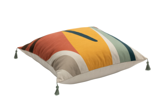 Vibrant abstract geometric pillow with colorful curved and striped patterns, featuring decorative tassels on a transparent background. background removed - Powered by Adobe