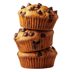 Three warm chocolate chip muffins are neatly stacked, showing their golden-brown texture and chocolate chunks