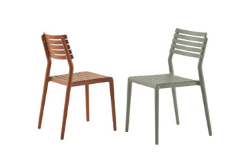 A side-by-side view of two contemporary slatted chairs: one terracotta and one sage green, against a dark transparent background. background removed