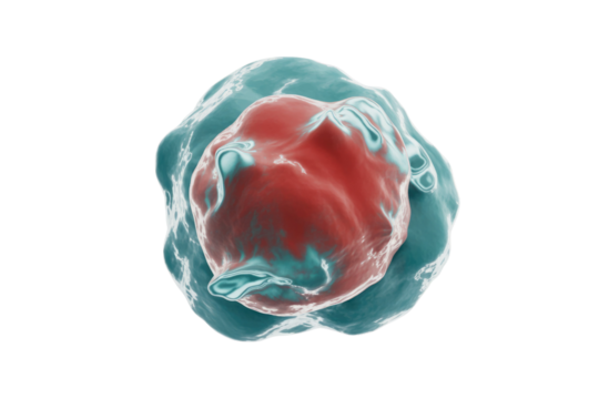 A 3D render of a red core enclosed within a translucent, teal-blue, wavy membrane, resembling a complex cell or microorganism. background removed