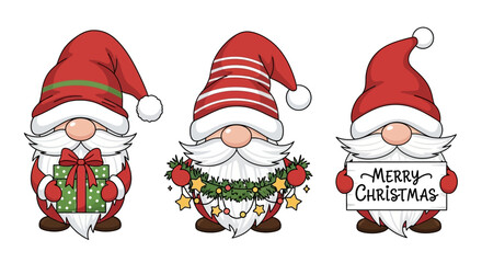 Festive Christmas Gnome Trio Holiday Characters with Gifts and Greetings, Vector Illustration